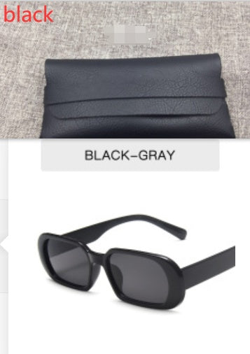 Retro small frame female sunglasses in black-gray candy color with rectangular lenses and a protective case.