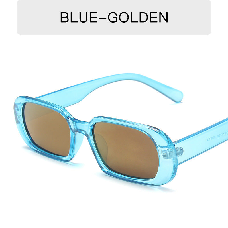 Retro small frame female sunglasses with blue transparent frame and golden brown lenses, colorful fashion accessory
