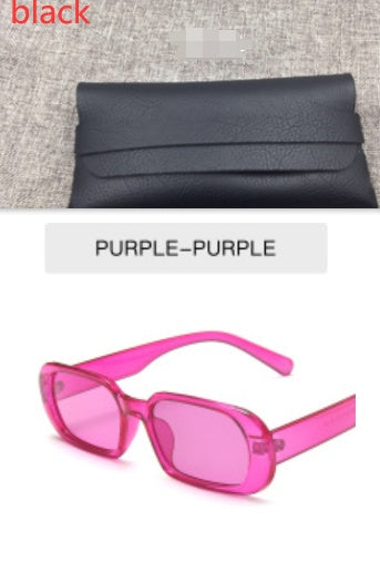 Retro small frame female sunglasses in vibrant purple candy color with a colorful fashion style and plastic frame.