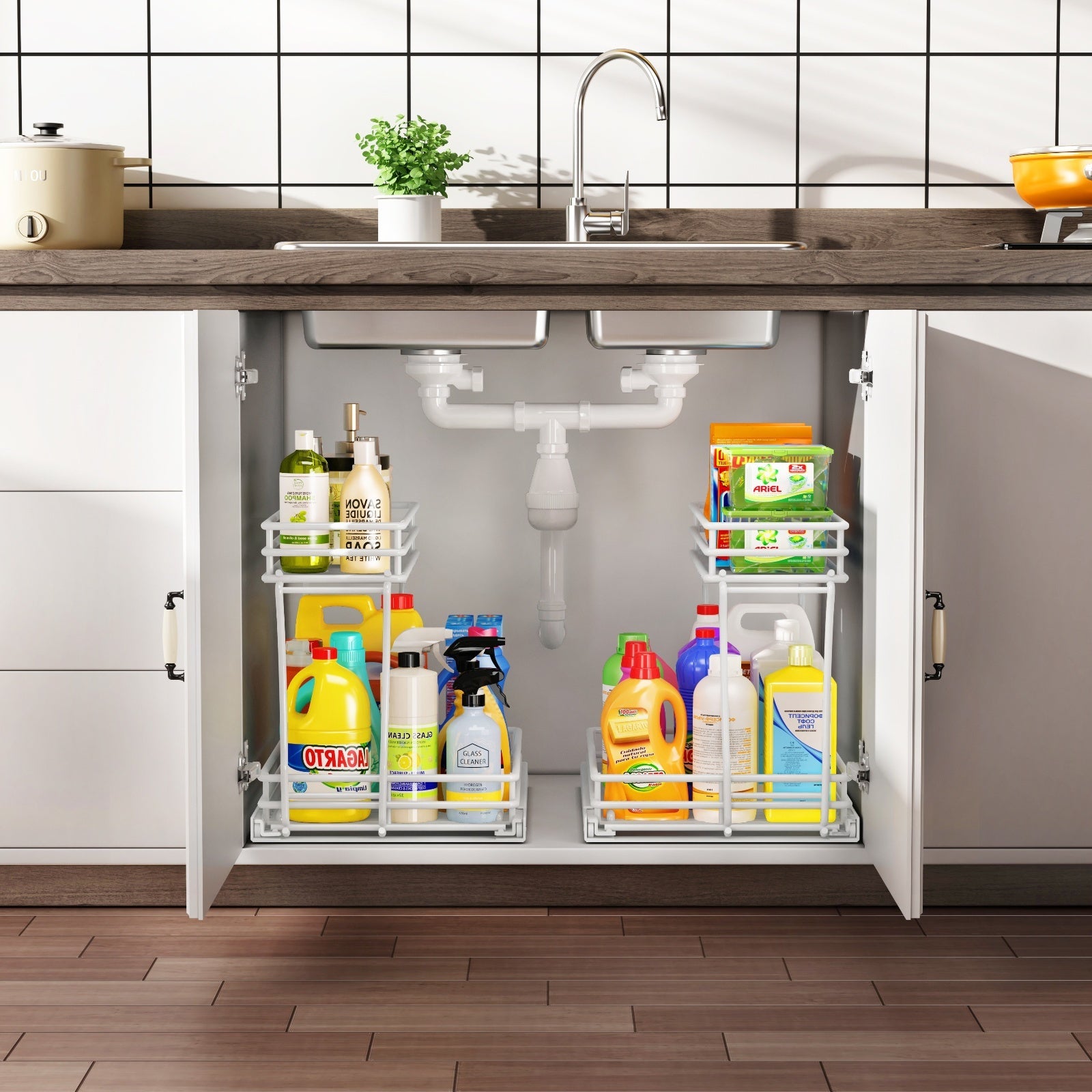 2 Pack Metal Pull Out Cabinet Organiser Drawers