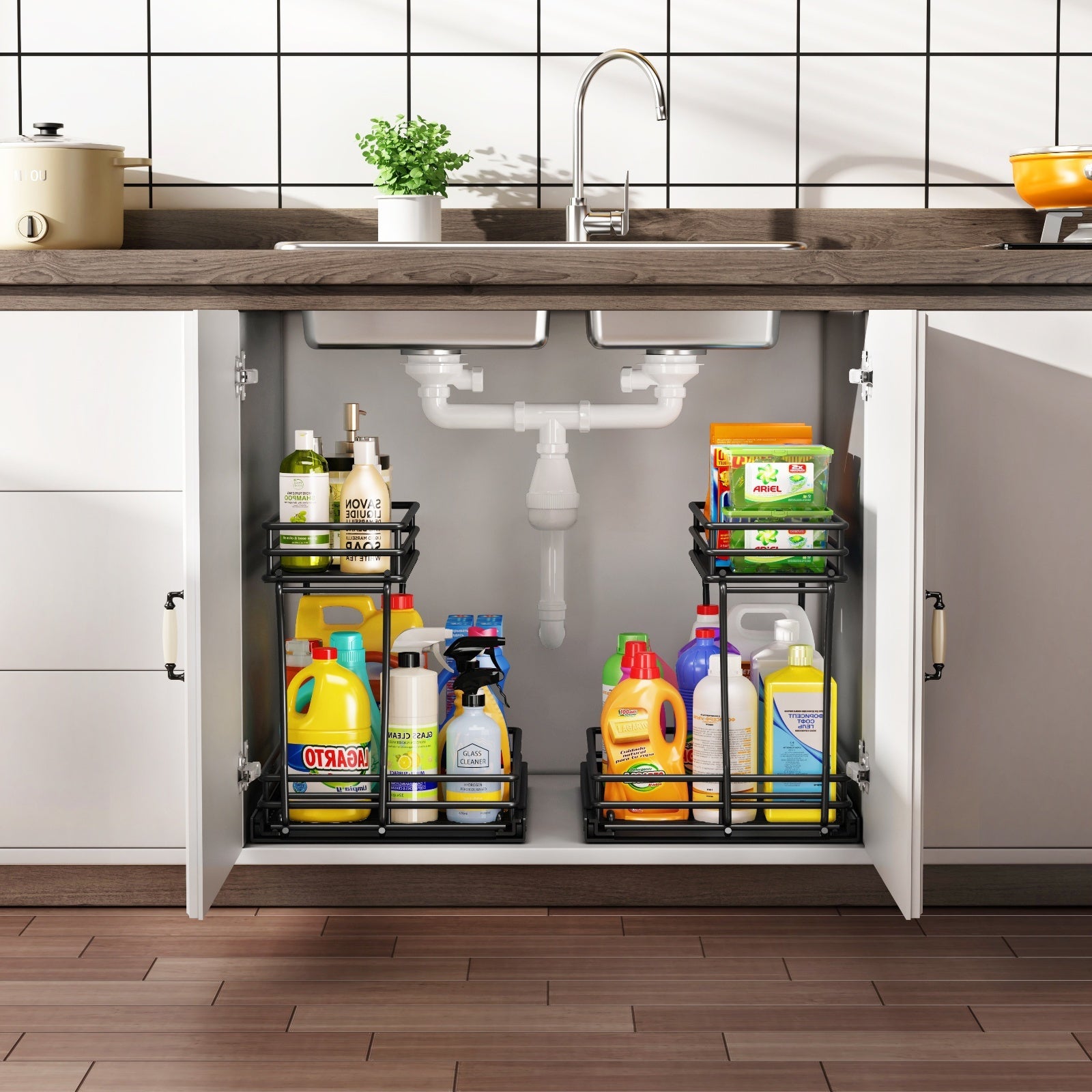 2 Pack Metal Pull Out Cabinet Organiser Drawers