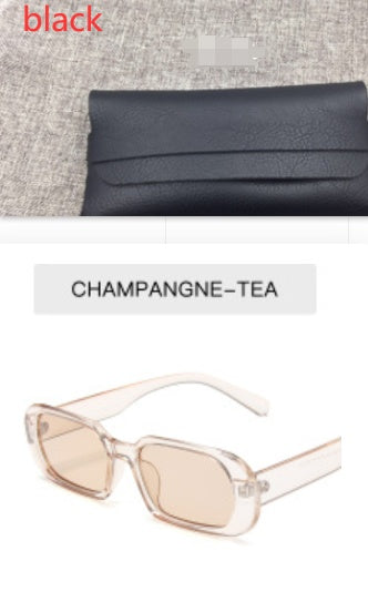 Retro small frame female sunglasses in champagne-tea color with colorful candy-style design and non-polarized AC lenses.
