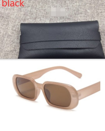 Retro small frame female sunglasses in beige candy color with brown lenses and black carrying case