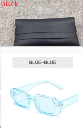 Retro small frame female sunglasses in candy blue color with colorful trendy design and black protective case