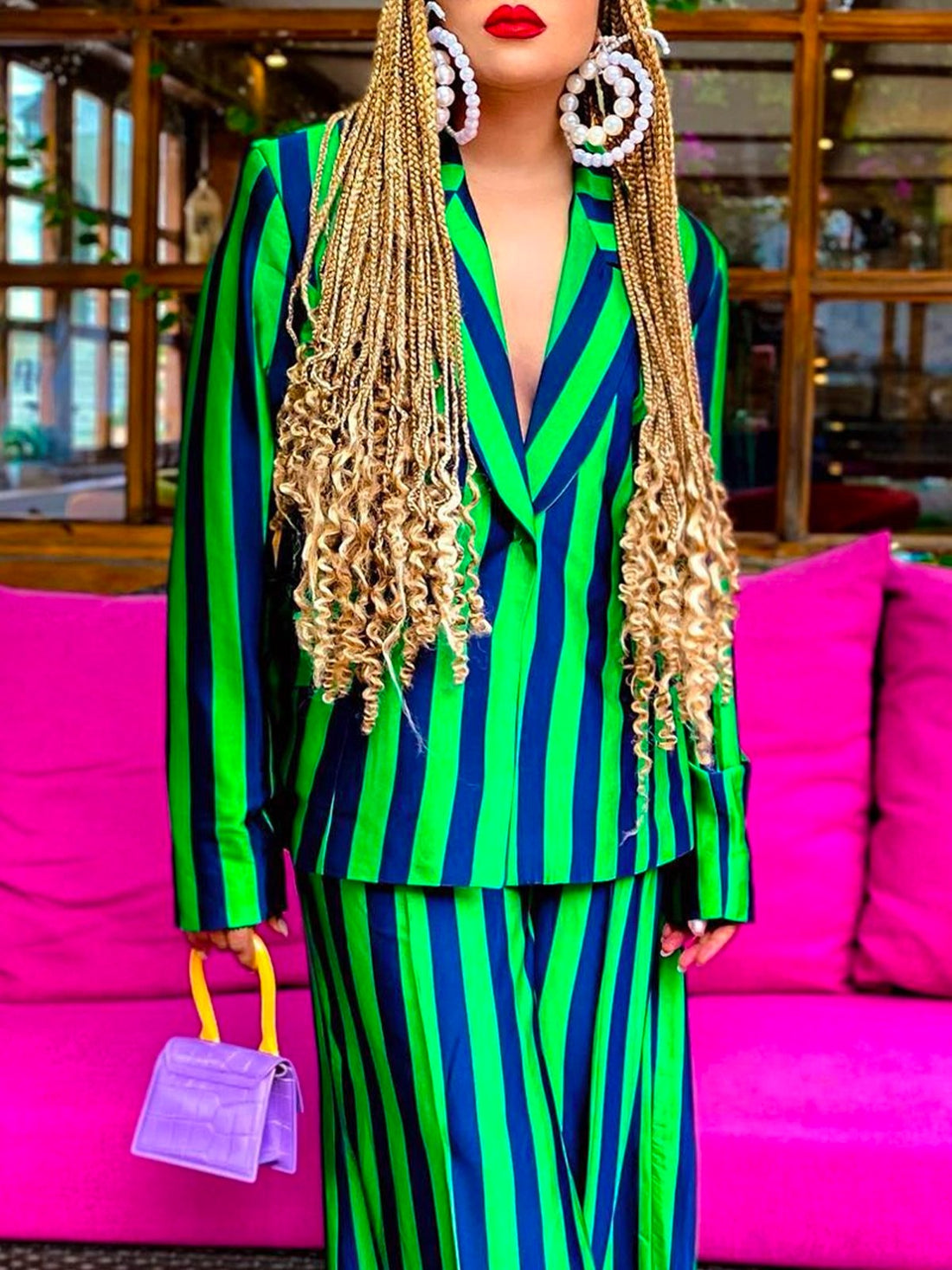 Urban lapel collar striped green and blue long sleeve loosen blazer with matching skirt, styled with braided hair and large earrings.