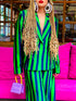 Urban lapel collar striped green and blue long sleeve loosen blazer with matching skirt, styled with braided hair and large earrings.