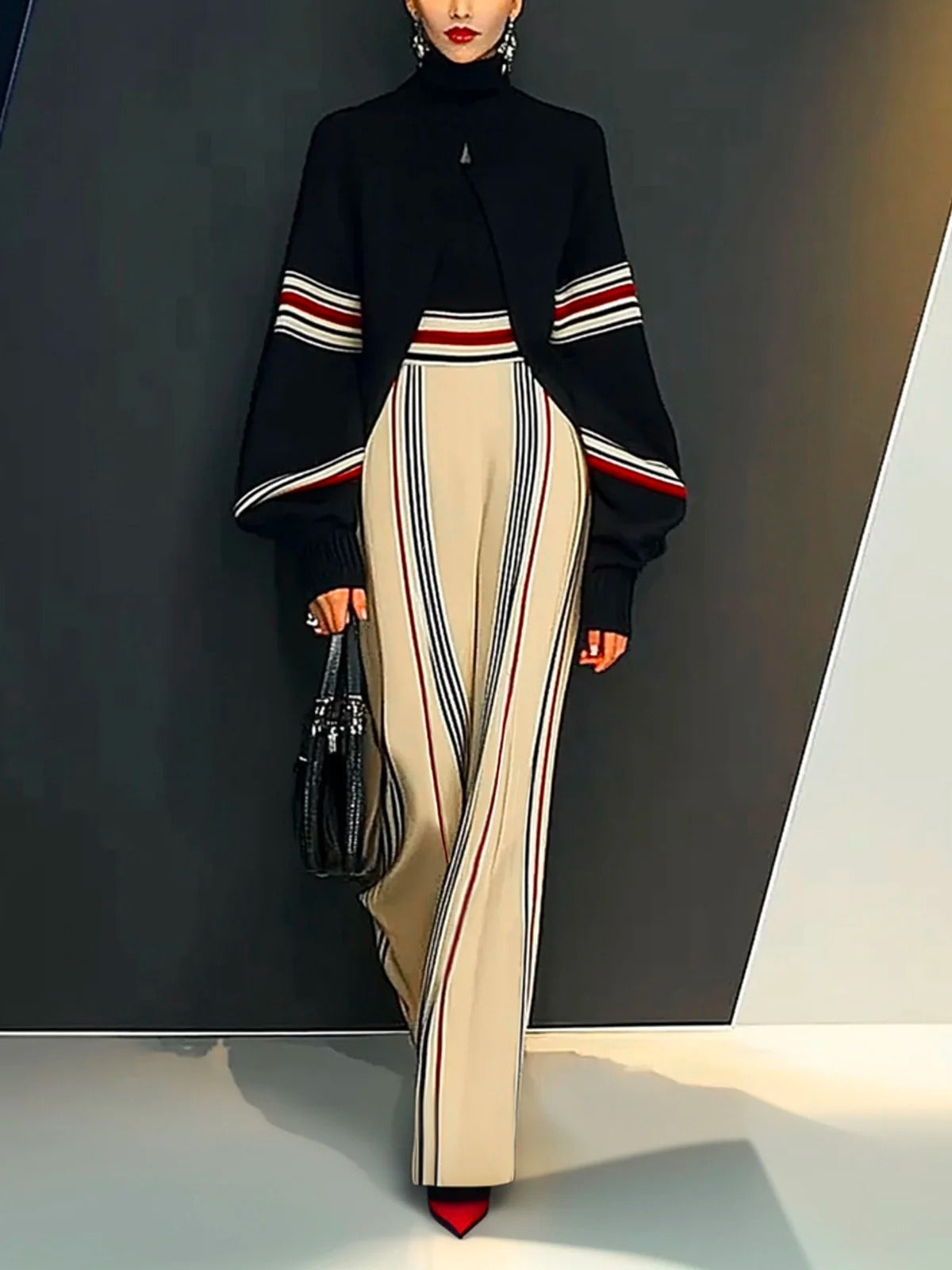 Casual Striped Raglan Sleeves Turtleneck Sweater