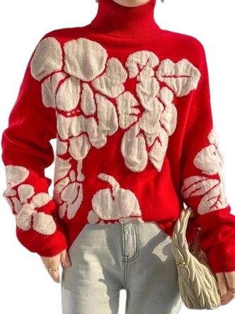 Turtleneck Floral Casual Sweater