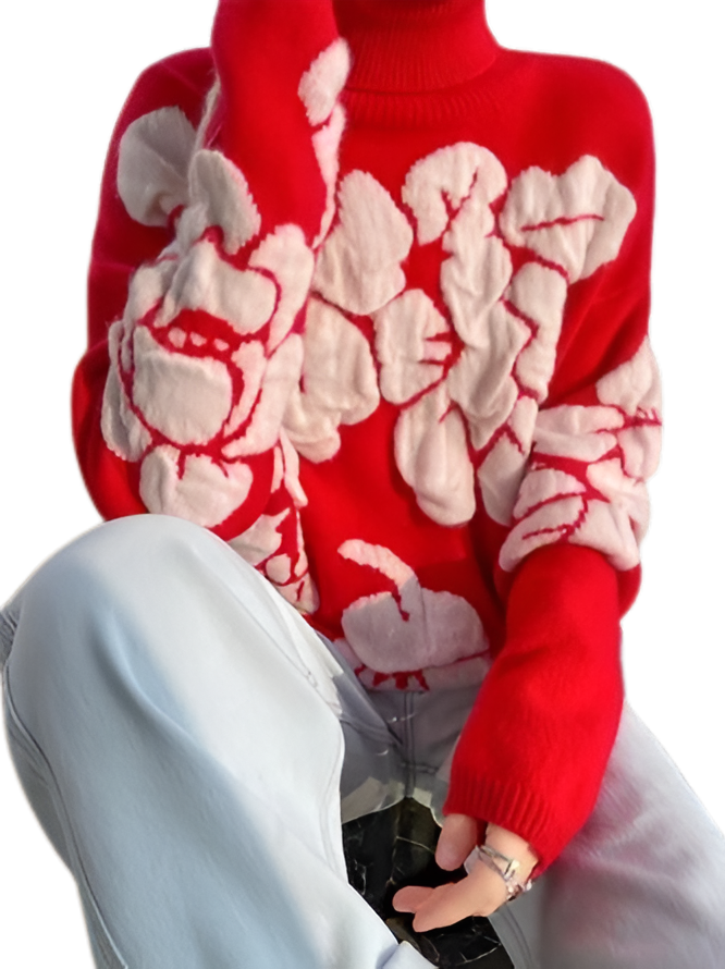 Red turtleneck floral casual sweater with regular sleeves and medium elasticity.