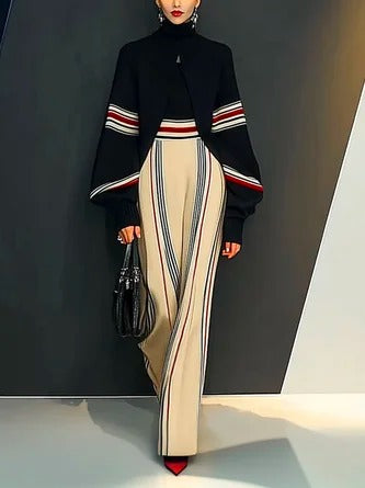 Casual Striped Raglan Sleeves Turtleneck Sweater