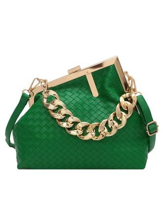 Green casual woven metal clutch handbag with gold chain and crossbody strap