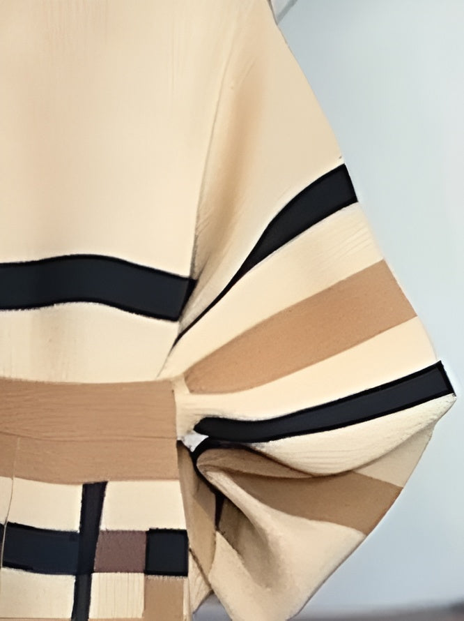 Plaid casual raglan sleeve crew neck sweater with beige, black, and brown stripes in heavyweight fabric