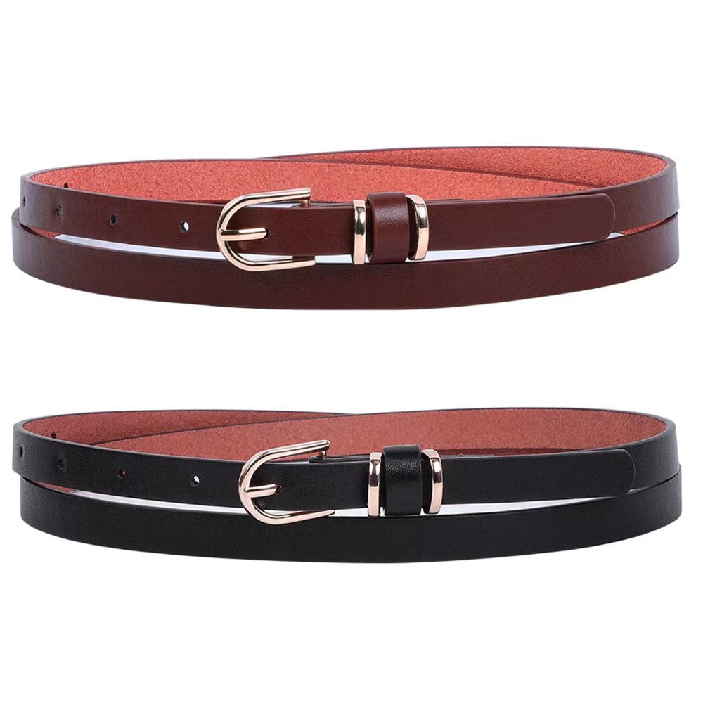 2PCS Women Skinny Leather Belts Thin Black and Coffee Belt for Pants Jeans Dresses