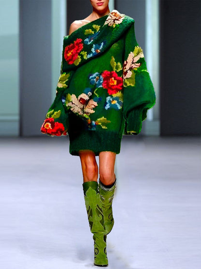 Elegant loose floral cold shoulder heavyweight acrylic mini sweater dress with no belt