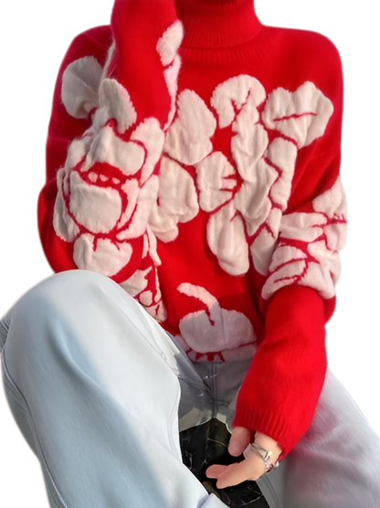 Red turtleneck floral casual sweater with regular sleeves and medium elasticity.